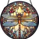 TNUW Dragonfly Stained Glass Window Hanging, Nature Insect Dragonfly Sun Catchers Indoor Window Glass Round Wall Art Decor, Dragonflies Wall Hanging Decorations, 7.9＂x7.9＂