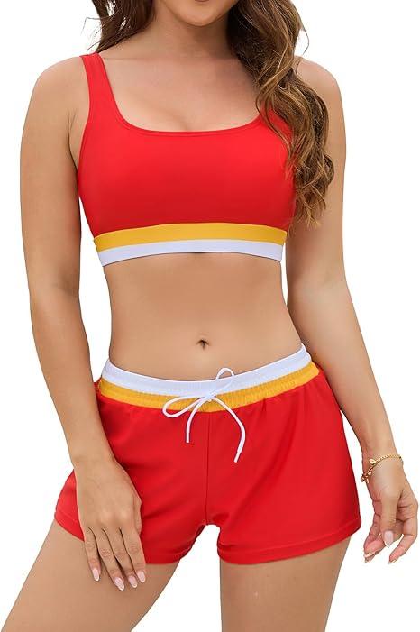 Cromi Women Two Piece Athletic Swimsuits, High Waisted Bikini Set Sporty Crop Top with Boy Shorts Bathing Suits for Teen, Size: M