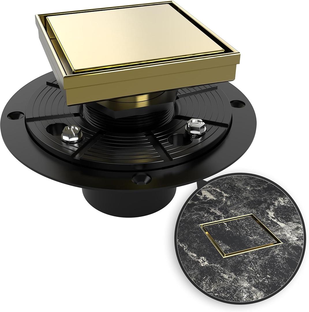 WEBANG 4 Inch Square Shower Drain Gold Floor Drain with Flange Reversible 2-in-1 Cover Tile Insert Grate Removable SUS304 Stainless Steel CUPC Certified Brushed Gold