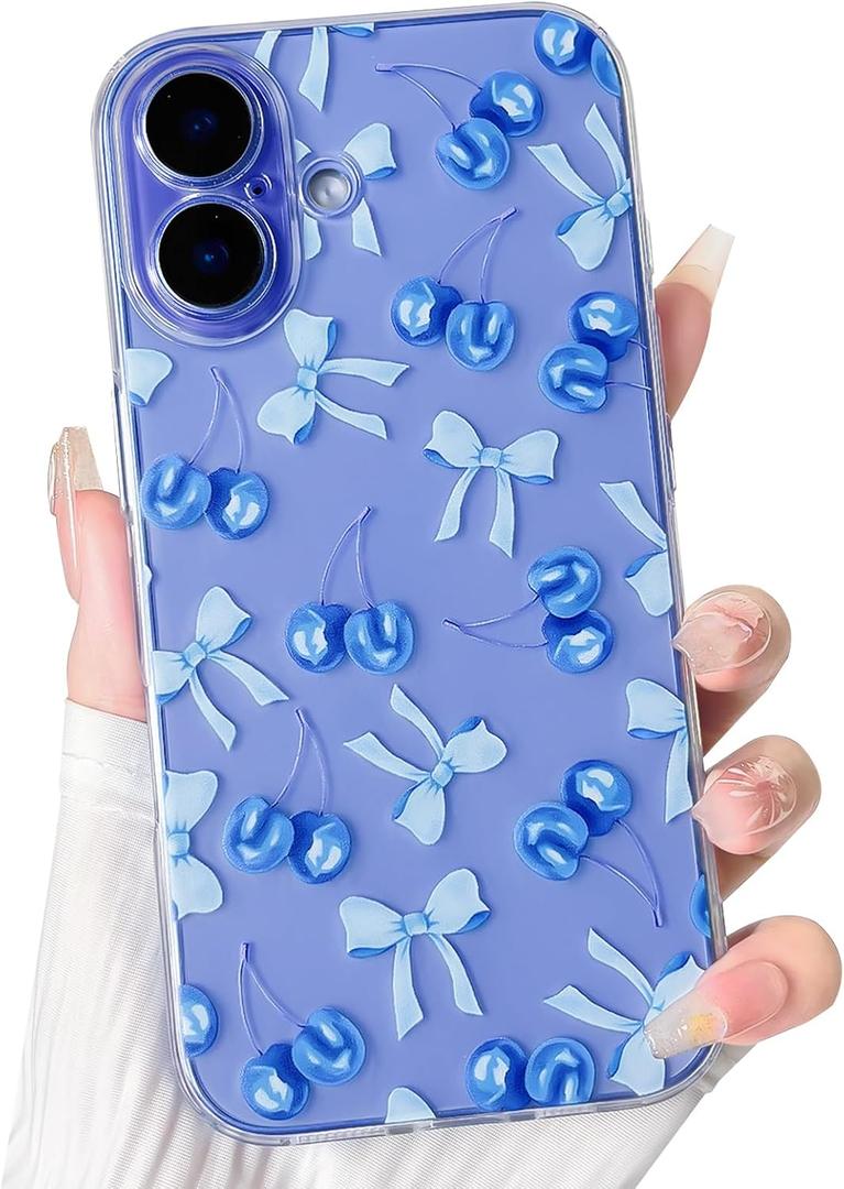 NITITOP Compatible with iPhone 16 Case Cute Clear Cherry Bowknot Design for Women Girls Bow Ribbon Soft Fit Slim Stylish Anti Yellowing Protective Phone Cover - Blue