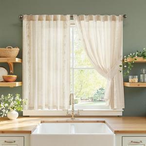 jinchan Small Window Curtains 35x36 Inch Length Linen Cafe Curtains for Kitchen Bathroom Bordered Floral Embroidered Short Drapes Rustic Farmhouse Light Filtering Curtain (Set of 1 Panels Ivory on Beige)