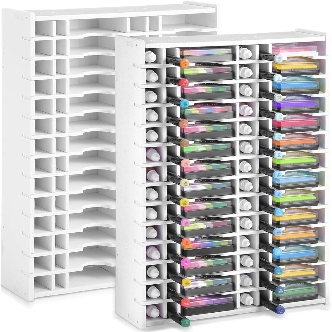 2 Packs Ink Pad Combo Storage Rack, 28 Grids Stamp Pad and 28 Refill, 28 Grids Markers, Diamond Painting Tray Rack Stamp Organizer Holder for Desktop Wall-mounted Craft Supply