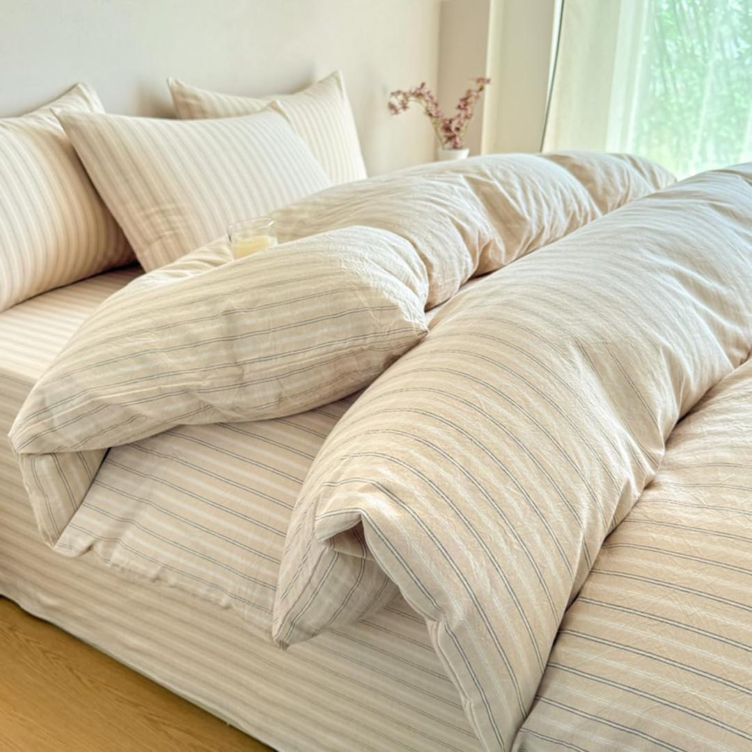 PinkMemory Beige Striped Duvet Cover Set Queen 100% Washed Cotton Beige Wide and Pinstriped Pattern Bedding Duvet Cover Set with Streak Pillowcases-Ultra Soft Breathable Zipper Closure Corner Ties