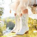 LAURMOSA Cowboy Boots for Girls - Pointed Toe Kids Cowgirl Boots - Mid Calf Western Youth Boots for Toddler to Big Kids - Horse Riding & Party (White, Size 1)
