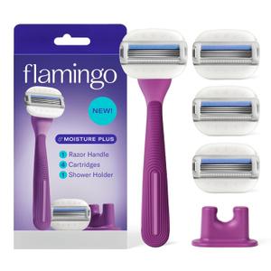 Flamingo Moisture Plus Women's Razor Set - No Shave Gel Needed - Razor Handle, 4 Blade Refills, Shower Holder - Fig (4 Count (Pack of 1))