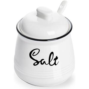 HAOTOP Farmhouse Porcelain Salt Bowl with Lid and Spoon 12oz,Easy to Clean (White)