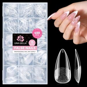UNA GELLA Medium Stiletto Nail Tips: 450PCS Fake Acrylic Gel Nail Tips 15 Sizes Soft Clear Pre-Etched Nails Extension Full Cover Press On Nails Stiletto Home DIY Salon