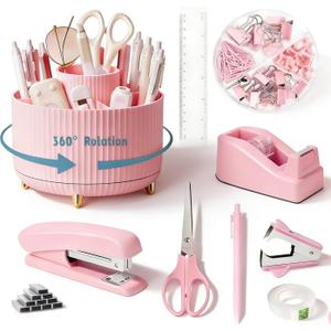 Gawsey Pink Desk Organizers and Accessories Set with 360-Degree Rotating Pen Holder, Tape Dispenser, Stapler, Staple Remover, 1000 Staples, Tape, Clips Set, Ruler, Scissor, Pen