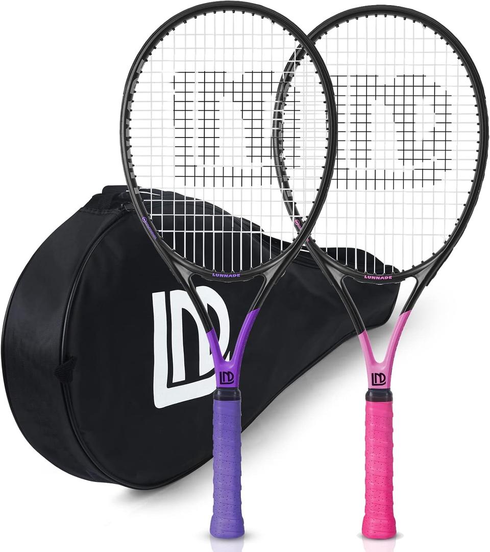 Adults Tennis Racket 2 Pack, Durable 27 Inch Coupled Tennis Racquet Light-Weight, Pre-Strung and Regrip, Suitable for Beginners to Intermediate Players