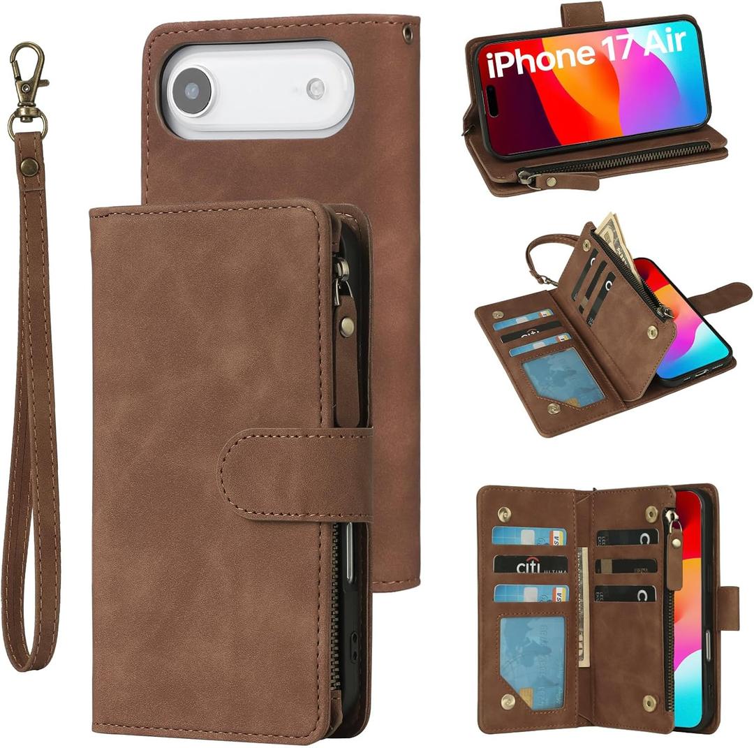 RANYOK Wallet Case Compatible with iPhone 17 Air Case, with 6 Card Holder RFID Blocking, PU Leather Zipper Flip Wallet Pocket, Kickstand, Wrist Strap | Protective Phone Cover for 17 Air, Brown