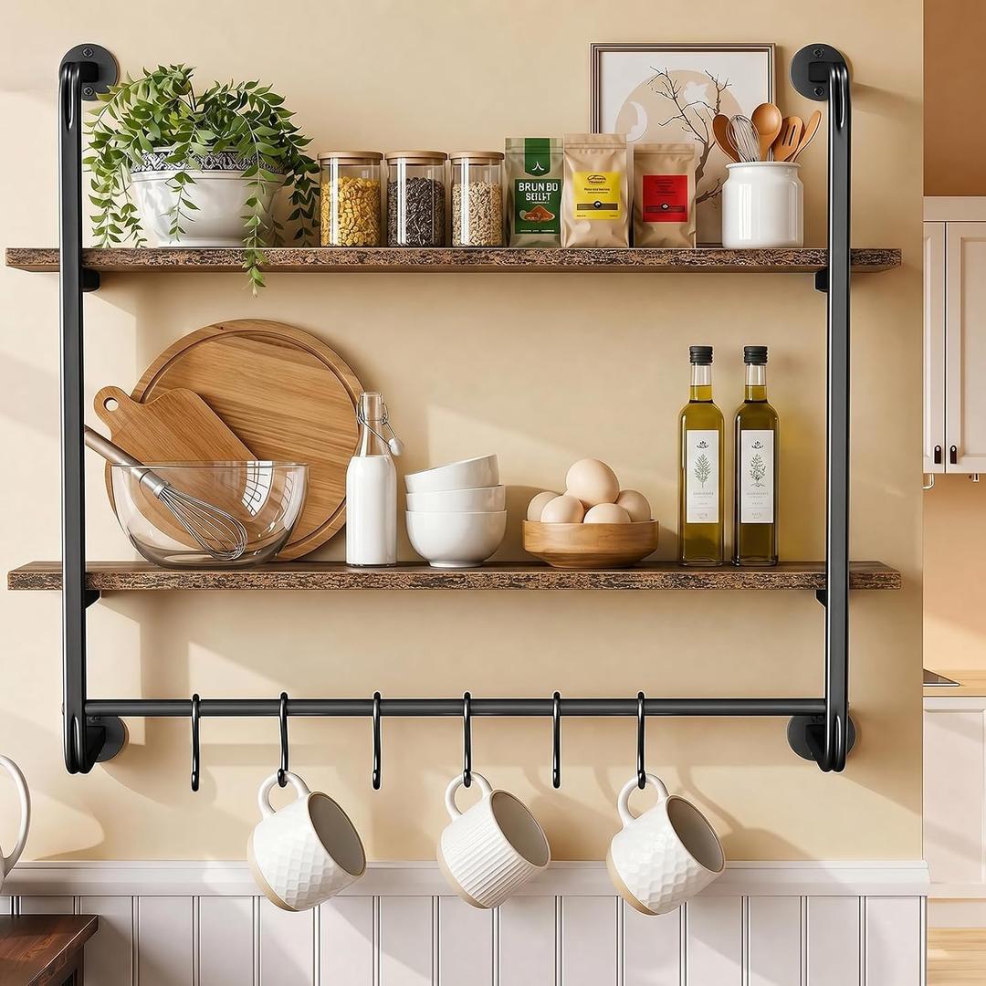 2 Tier Industrial Pipe Floating Shelf, 31.5" Kitchen Wall Shelves