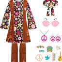 Girls Hippie Costume 60s 70s Outfits Halloween Party Dress Up (Black), 6-7Y
