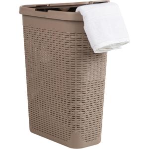 Mind Reader Slim Laundry Hamper with Lid, 40L Clothes Basket, Narrow Tapered Design with Ventilated Cutout Pattern, Plastic, Tan, Single