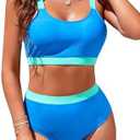 Womens High Waisted Bikini Sets Sporty Crop Top Color Block Swimwear Bandeau Scoop Neck Vintage Two Piece Bathing Suits Size XL