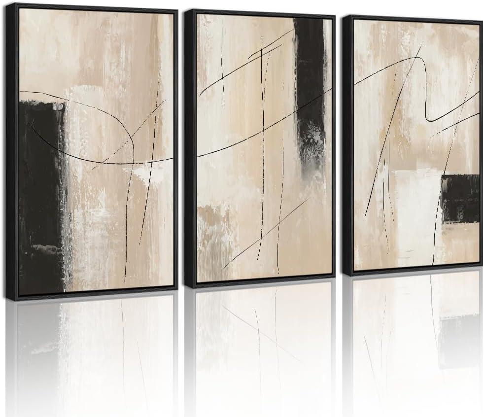 KUVIOKE Abstract Framed Wall Art Minimalist Beige Pastel Watercolor Neutral Wall Decor Modern Black Line Art Painting Home Decor 11x14in (Black Framed)