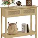 Trironsun Farmhouse Rattan Console Table with 2 Drawers 2 Tier Boho Narrow Long Sofa Table Natural with Open Storage Shelf Wood Entryway Table for Living Room Hallway Foyer (Nature, 39.4 Inch)