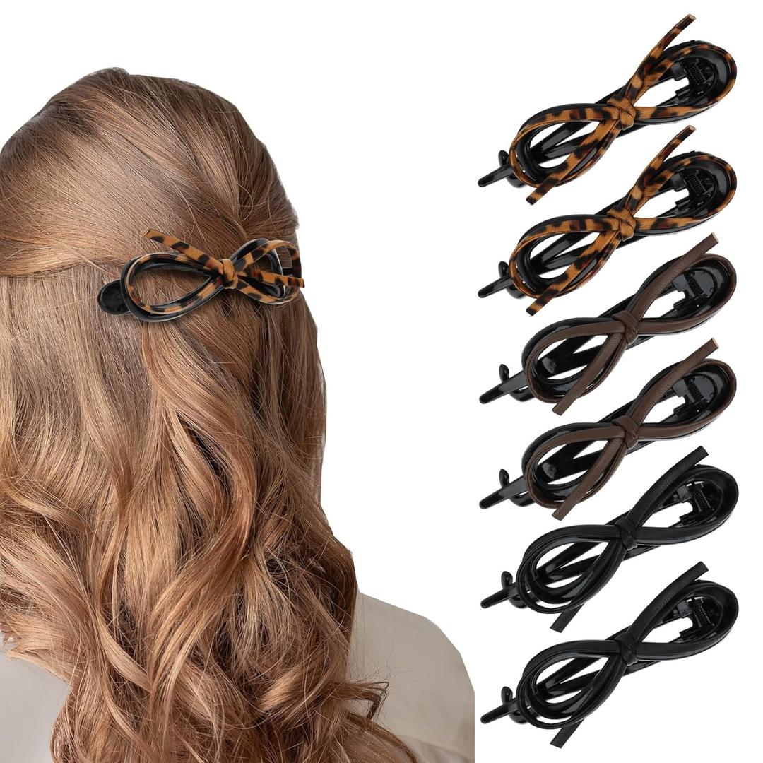 CURASA Bow Hair Clips 6PCS Vintage Twist Design, Leather Bow Strong Hold Non Slip Hair Clips for Women Girls Thick Hair