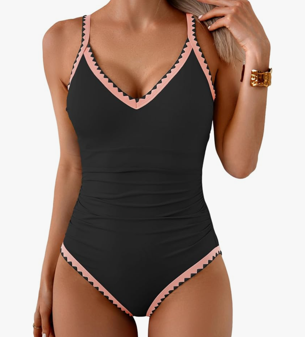 One Piece Swimsuit for Women Tummy Control Color Block Bathing Suit V Neck Shell Stitched Tie Back Swimwear, L One Piece Swimsuit for Women Tummy Control Color Block Bathing Suit V Neck Shell Stitched Tie Back Swimwear, L