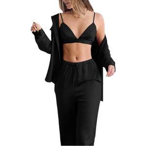 THLAI Women 3 Piece Sets Satin Loose Fit Long Sleeve Shirt and Wide Leg Pants with Matching Bra Sets Sexy Lounge Outfits  XL