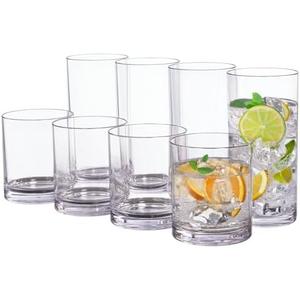 US Acrylic Classic Clear Plastic Reusable Drinking Glasses (Set of 16) 12oz Rocks & 16oz Water Cups | BPA-Free Tumblers, Made in USA | Top-Rack Dishwasher Safe