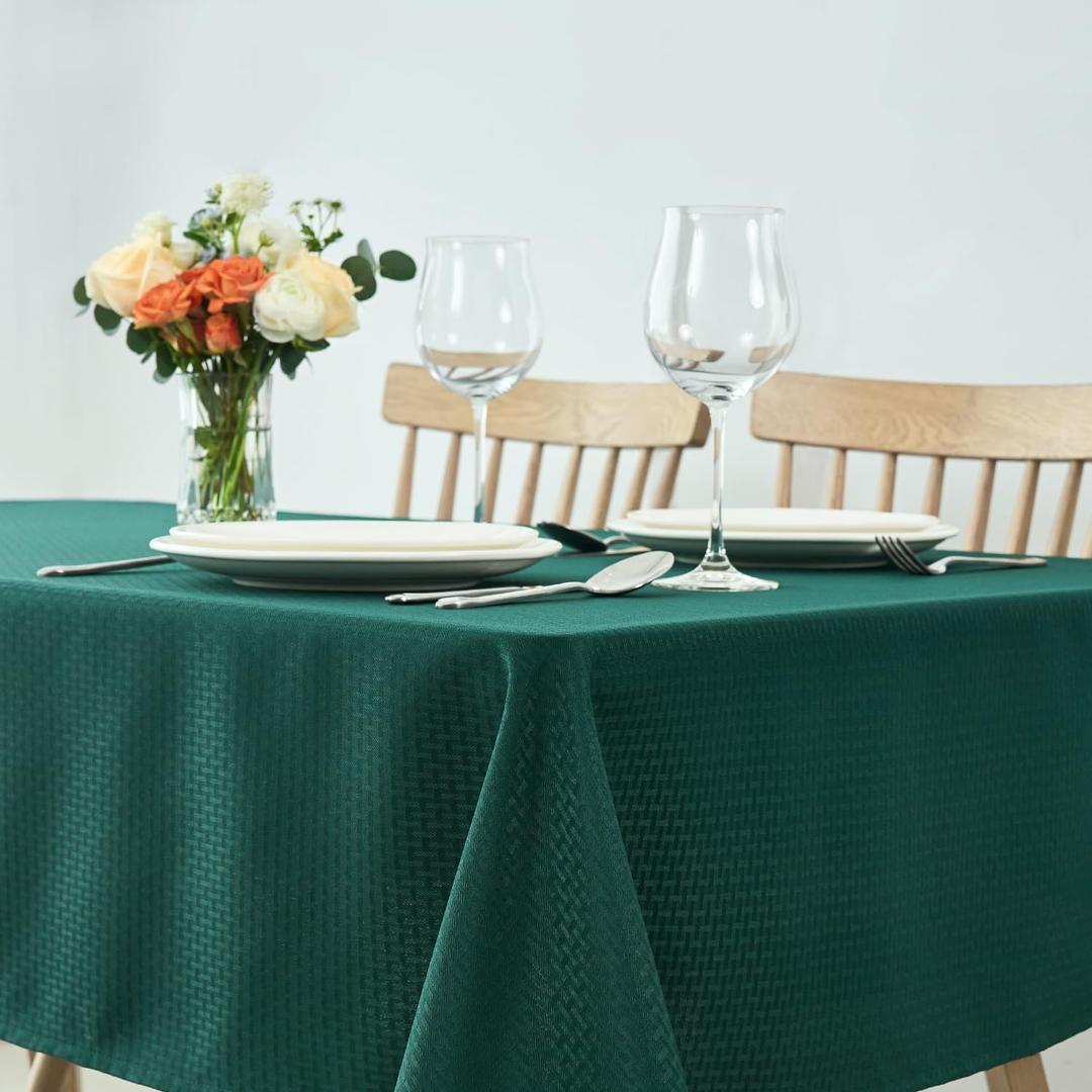 maxmill Rectangle Tablecloth Weaved Design Water Resistant Wrinkle Free Spill-Proof Soft Table Cloth for Dining Room Decoration, Banquet, Christmas Holiday Dinner, 60 x 84 Inch, Hunter Green