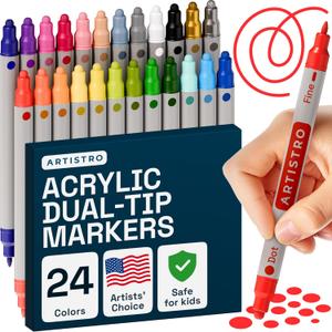 ARTISTRO 24 Dual Tip Acrylic Paint Markers, Acrylic Paint Pens, Fabric Markers for Textile, Rock, Glass, Wood, Paper, Ceramic, Canvas DIY Art Supplies Kit for Kids and Adults (Dual Tip Dot + Fine, 24)