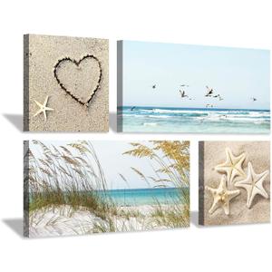 Coastal Wall Art Seascape Artwork: Sea Grass and Starfish on Beach Canvas Painting for Living Room (12 x 12'' x 2 Panels + 24 x 12 x 2 Panels)