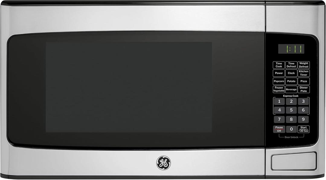 GE Countertop Microwave Oven, Compact 1.1 Cubic Ft., 950-watt Capacity, 6 Auto Cooking Settings, Child-Lock Technology, Kitchen Essentials for The Countertop, Dorm Room or Apartment, Stainless Steel 