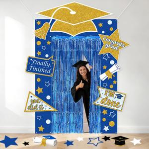 Graduation Decorations 2026 Blue and Gold Graduation Banner decorations Class of 2026 Porch Door Banner with Foil Tinsel Curtains Congrats Grad Backdrop Supplies for College High School Blue Gold