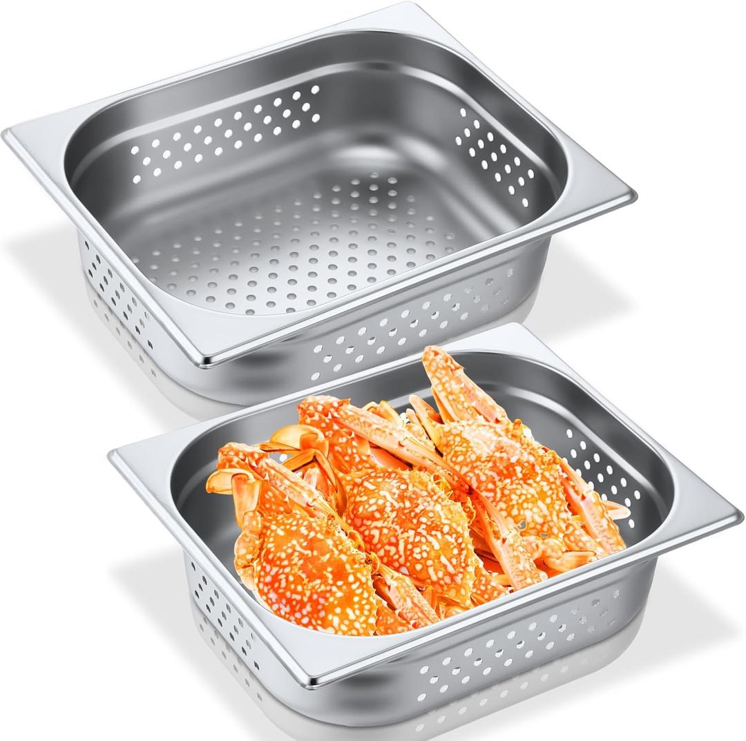 Lounsweer 2 Pack Half Size Hotel Pans Perforated Steam Table Pan Stainless Steel Half Steam Pan Commercial Catering Food Pan for Kitchen Restaurant Serving Supplies(12.8'' x 4'' x 10.43'')