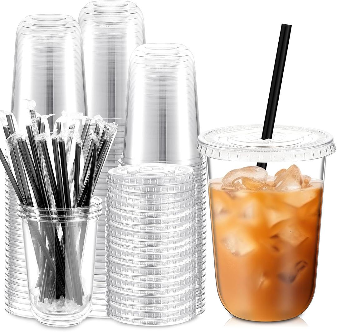 Ziliny 100 Set Clear Plastic Cups with Lids and Straws, Disposable Iced Coffee PET Cups for Drinking Cold Beverage Juice Parfait Smoothie Milkshake Coffee Shops Party Supplies (16 oz)