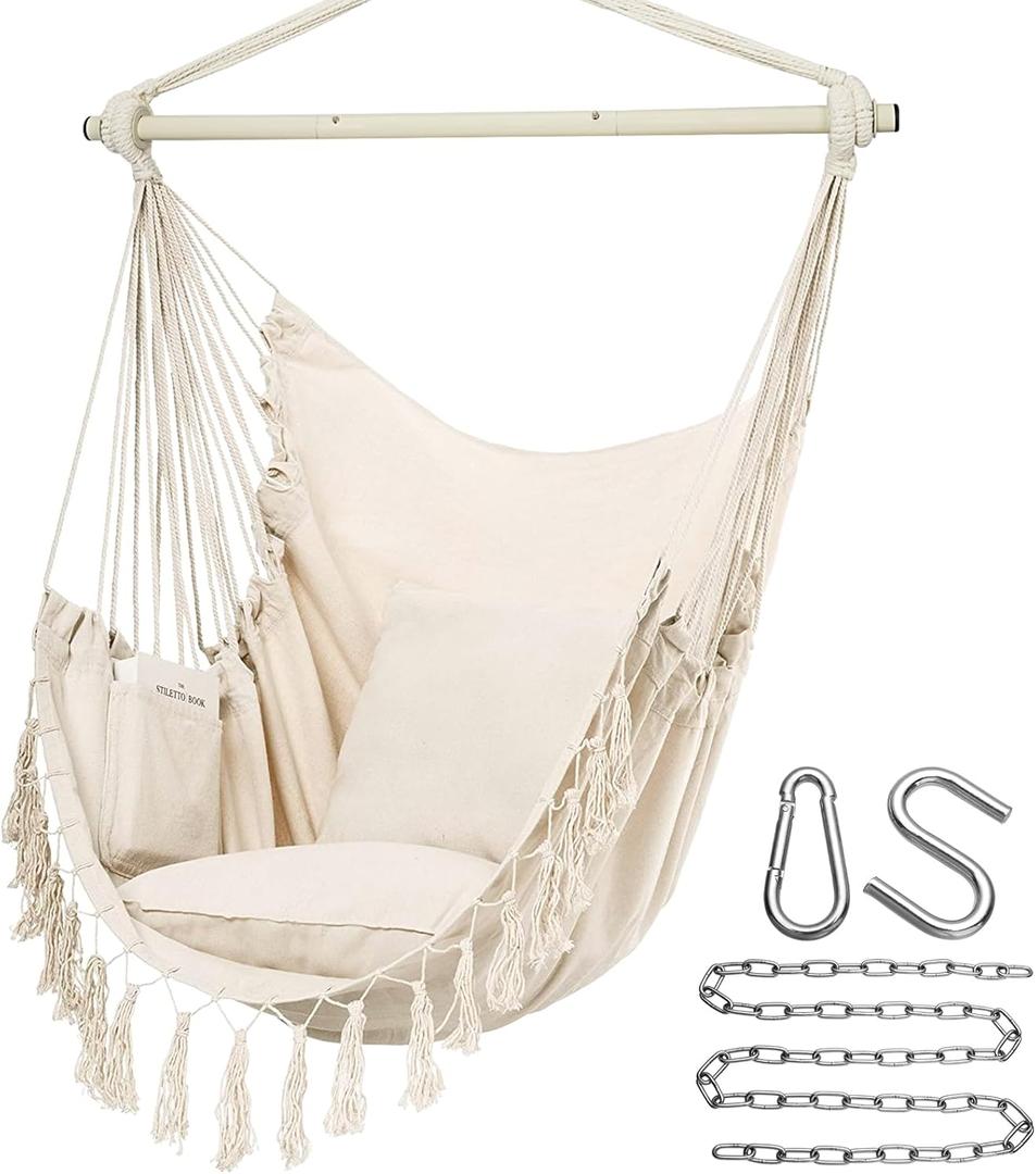 Y- Stop Hammock Chair Hanging Rope Swing, Max 500 Lbs, 2 Cushions Included, Large Macrame Hanging Chair with Pocket for Superior Comfort, with Hardware Kit (Beige)