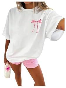 RoseSeek Women's Cherry Graphic Tees Top Crewneck Short Sleeve Baggy T Shirt Bowknot White Medium