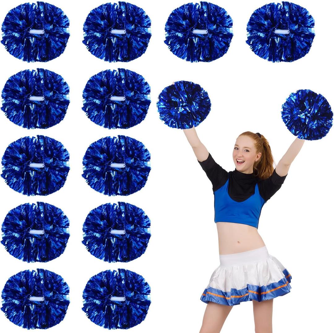 WILLBOND 12pcs Cheerleading Pom Poms Bulk Metallic Foil Cheerleader Pompoms with Baton Handle for 2026 Soccerball Basketball Cheering Squad Team Game Sports Dance Party Spirit (Blue)