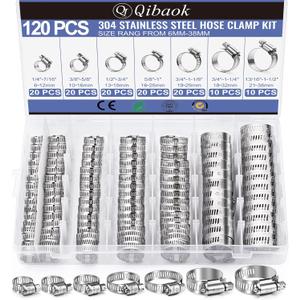 Hose Clamp- Qibaok 120 PCS Stainless Steel Hose Clamps Assortment Kit 1/4''1-1/2'' Worm Gear Clamps for Fuel Line, Plumbing, Automotive, Mechanical Applications, Pipe, Tube, Radiator, Garden