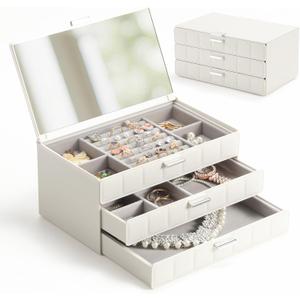 LAMU Jewelry Box Organizer with Mirror, 3-Layer Jewelry organizer with 2 Drawers, Large PU Leather Organizer for Earrings Rings Necklace Bracelet, Waterproof & Dustproof, Ideal Gifts for Women, White (Medium)