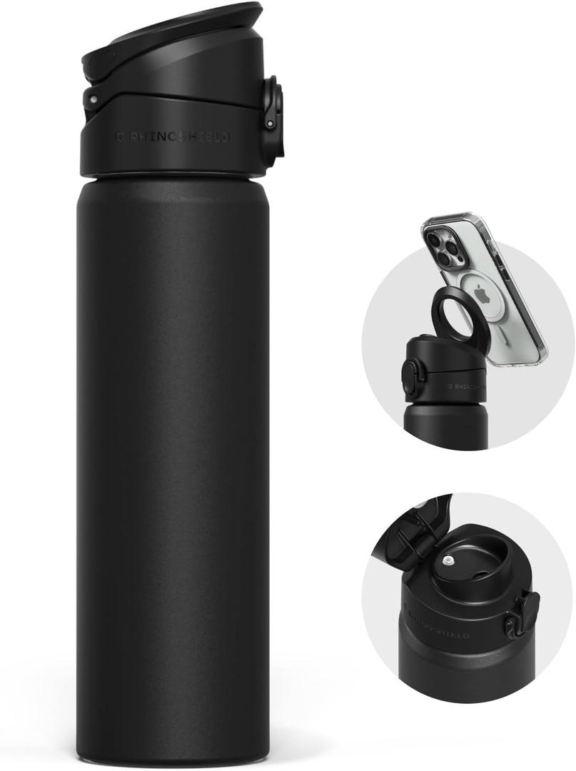 RHINOSHIELD AquaStand Magnetic Bottle 23oz | Round Mouth Stainless Steel Insulated Water Bottle, Sport Bottle with MagSafe Compatible Handle, Tripod with Adjustable Angles, Leak Proof - Classic Black