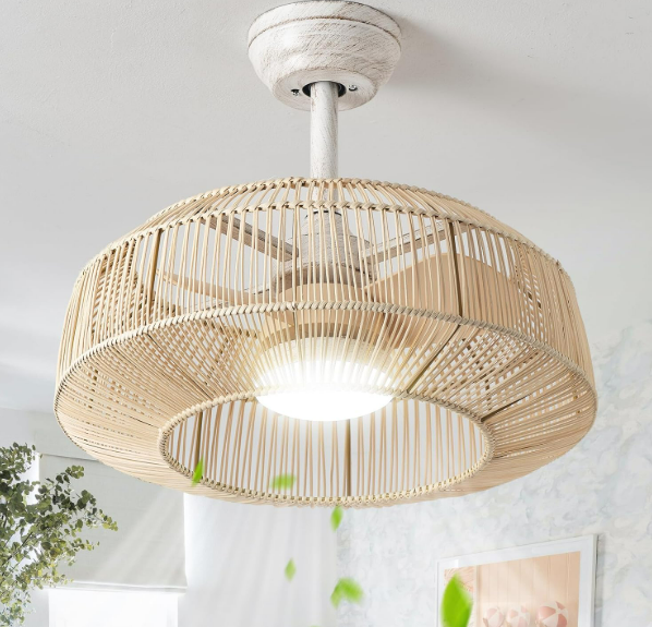 20" Caged Ceiling Fan with Light, Rattan Boho Chandelier Ceiling Fans with Lights Remote Control, LED Dimmable Lighting with 6 Speeds for Bedroom, Nursery, Living Room