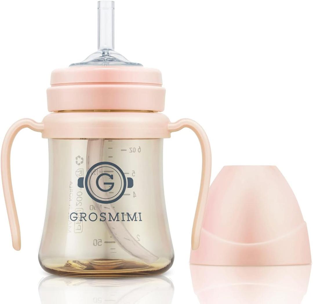 GROSMIMI Spill Proof no Spill Magic Sippy Cup with Straw with Handle for Baby and Toddlers, Customizable, PPSU, BPA Free 6 oz (Peach)