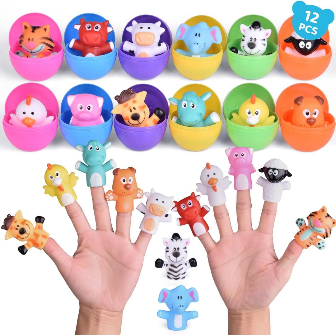 FUN LITTLE TOYS 12 PCs Easter Eggs Prefilled with Animal Finger Puppets, Easter Party Favors, Easter Basket Stuffers, Fillers Easter Egg Hunt, Goodie Bags Fillers, Classroom Prizes (12PCS)