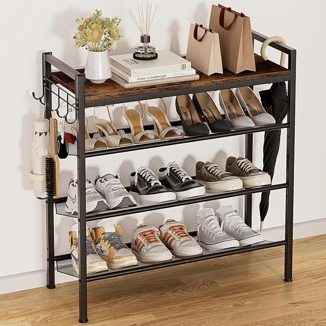Mileonaim Shoe Rack for Entryway, 4-Tier Black Metal Shoe Rack with Hooks and Adjustable Mesh Shelves, Shoe Shelf for Closet, Front Door Entrance, and Dorm