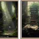 2Pcs Dark Academia Wall Art Vintage Moody Book Green Botanical Cottagecore Posters Prints Victorian Gothic Aesthetic Gallery Library Room Decor Pictures Unframed 12x16in