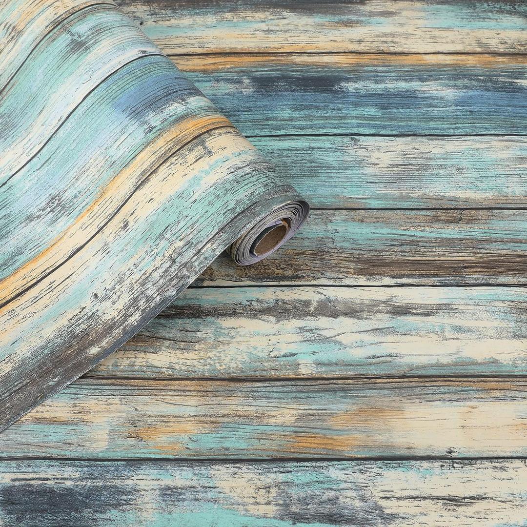 Wood Contact Paper 15.7"x118" Self-Adhesive and Removable Wood Wallpaper Peel and Stick, Blue Distressed Wood Grain Contact Paper for Cabinets Waterproof Stick on Wall Paper