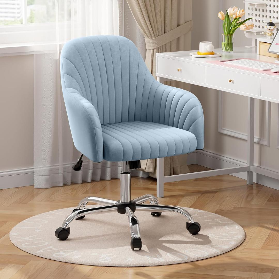 Warmiehomy Velvet Desk Chair for Home Office, Modern Adjustable Swivel Task Chair, Women Vanity Chairs with Arm Rest for Bedroom Dressing Room, Light Blue