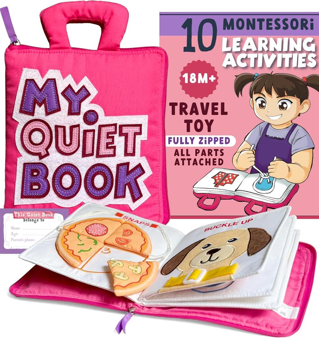 My Quiet Book - Toddler Travel Essential, Car Plane Activity Books, Montessori Busy Board Book, Airplane Toys for Toddlers 1-3, Gifts for 1 2 3 4 Year Old Girl, Birthday Gifts Toys Age 2-4 (Pink & Purple)