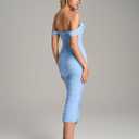 KUTUMAI Off Shoulder Corset Formal Wedding Guest Dresses for Women Elegant Bodycon Ruched Cocktail Party Midi Dress (Blue, L)