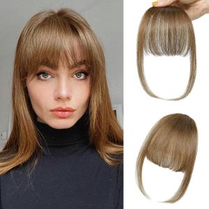 NAYOO Clip in Bangs Human Hair  Medium Brown Wispy Bangs with Temples Fringe Hairpiece Natural Looking Curved Fake Bangs Hair Extensions for Women