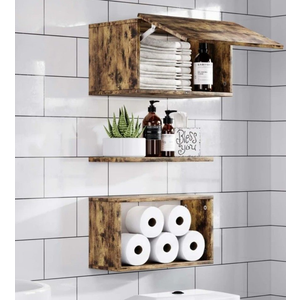 CEAKIAN Floating Shelves,Wall Mounted Shelf Over Toilet,with a HighCapacity Storage Box & Shelf,090° Free Hover,16inch Set of 3,Brown