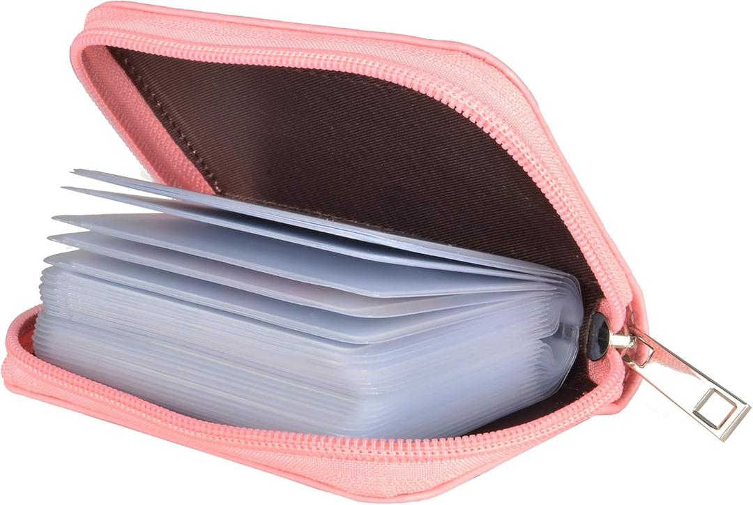 Easyoulife Genuine Leather Credit Card Holder Zipper Wallet With 26 Card Slots (small, Pink)