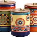 Bico Tunisian Ceramic Canister Set of 3 for Kitchen Counter, 62oz, 40oz, 32oz each, with Wooden Air Tight Lid, Food Storage Jar for storing Coffee, Tea, Spice, Dishwasher Safe